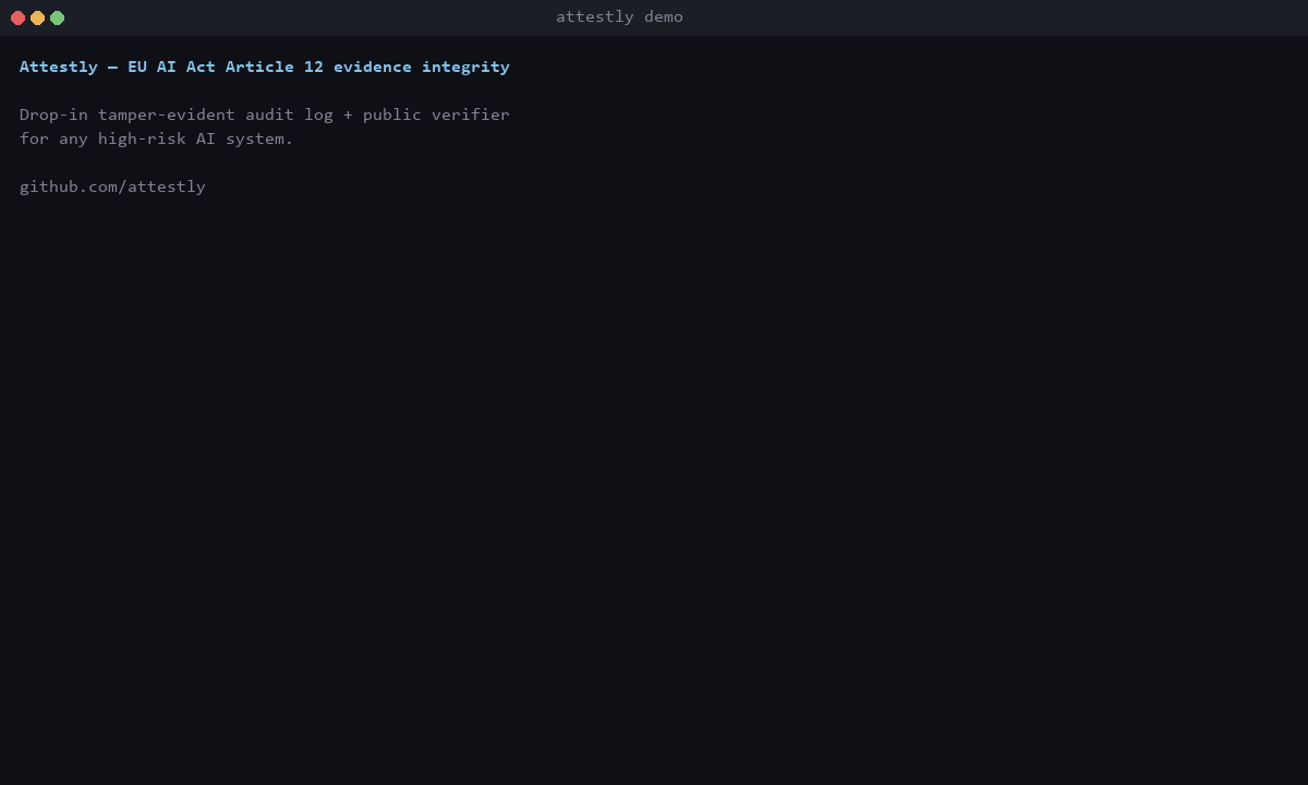 Twenty-seven-second screencast: an Attestly evidence bundle verifies on legitimate data, then fails with a precise hash mismatch when the underlying record is altered after the fact.